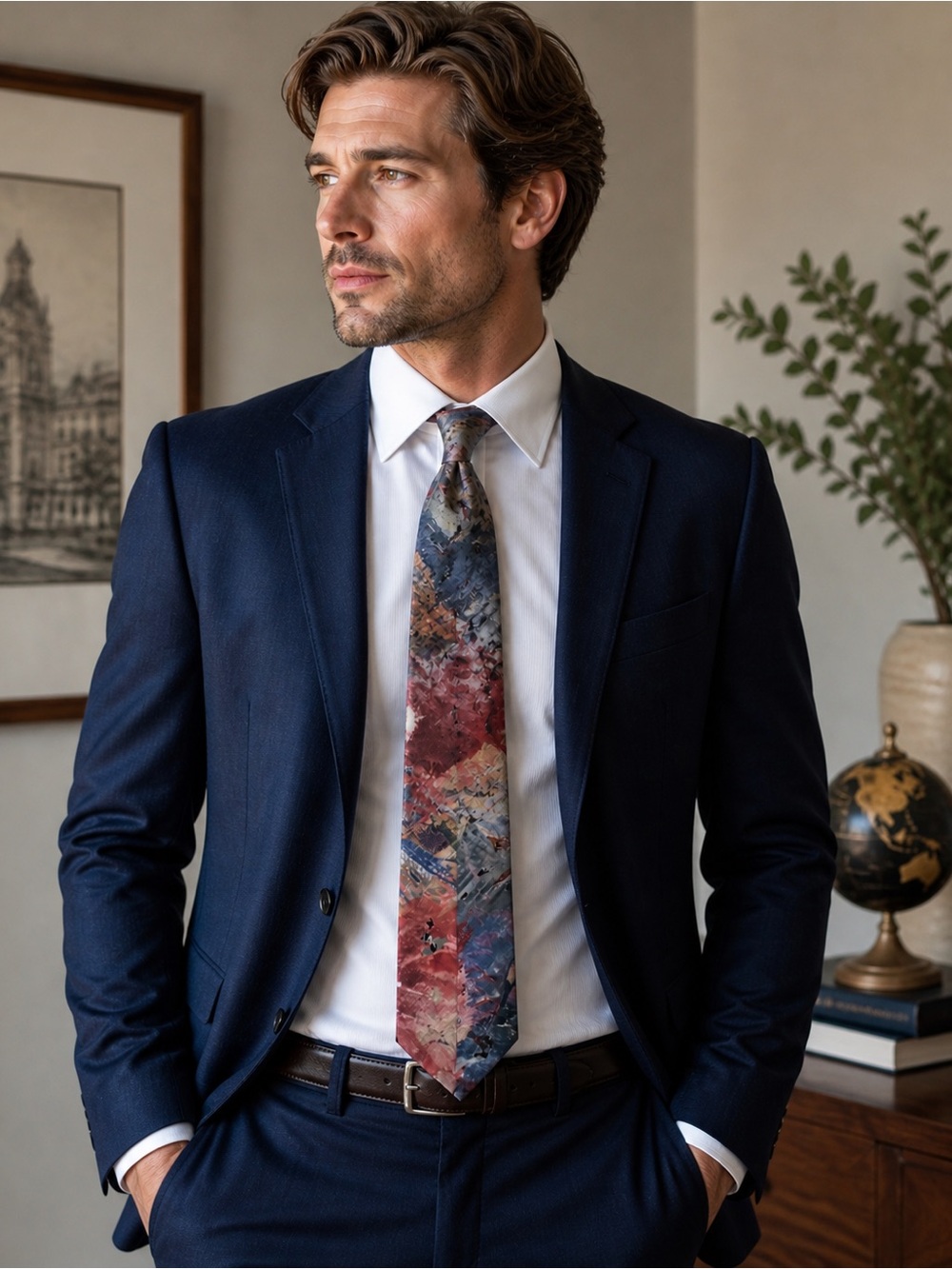 Givenchy Monsieur Multicolor Abstract Silk Tie in Red and Blue Tones